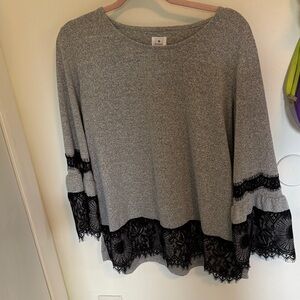 dressbarn Gray Top with Black Lace Accents